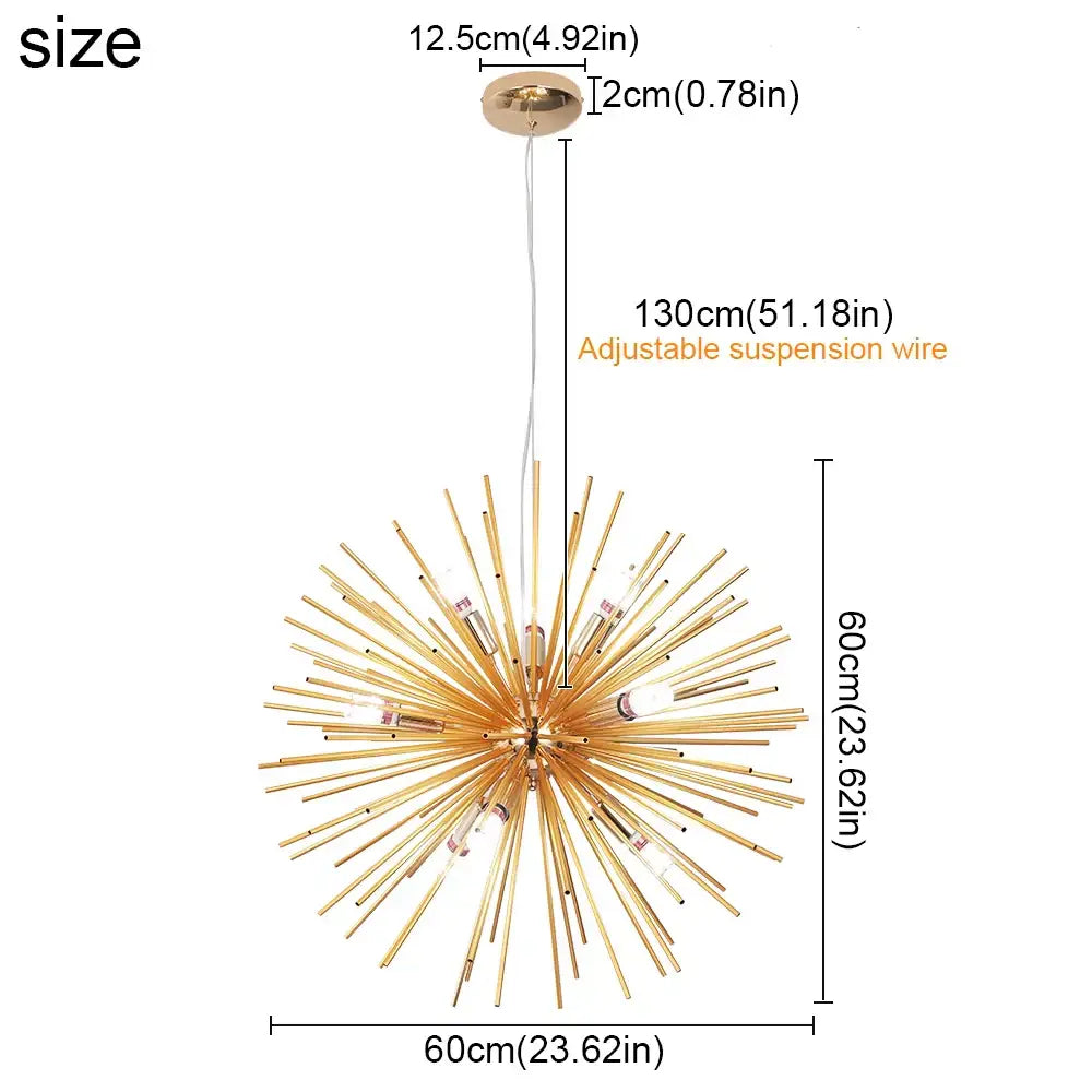 Modern gold aluminum dandelion pendant light with spherical design and adjustable suspension wire for dining room