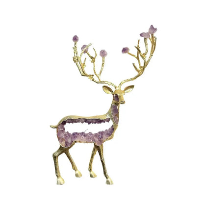 Modern gold amethyst deer statue with hollow body filled with purple crystals and matching gemstone antlers decorbites amethyst deer
