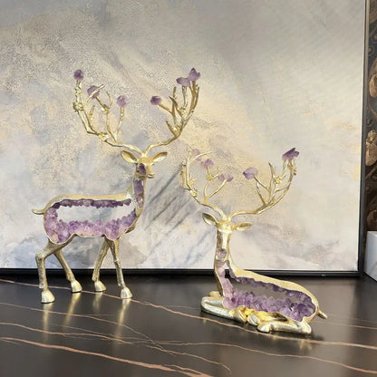 Two elegant gold amethyst deer statues with purple crystal antlers for modern living room decor by decorbites amethyst deer