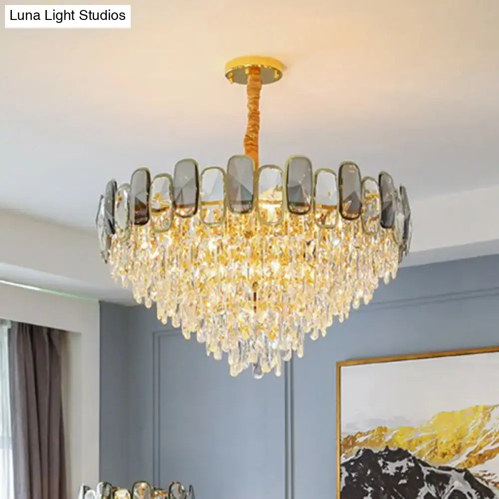 Golden decorbites modern crystal cone chandelier with cascading clear crystal droplets and gray-tinted glass panels
