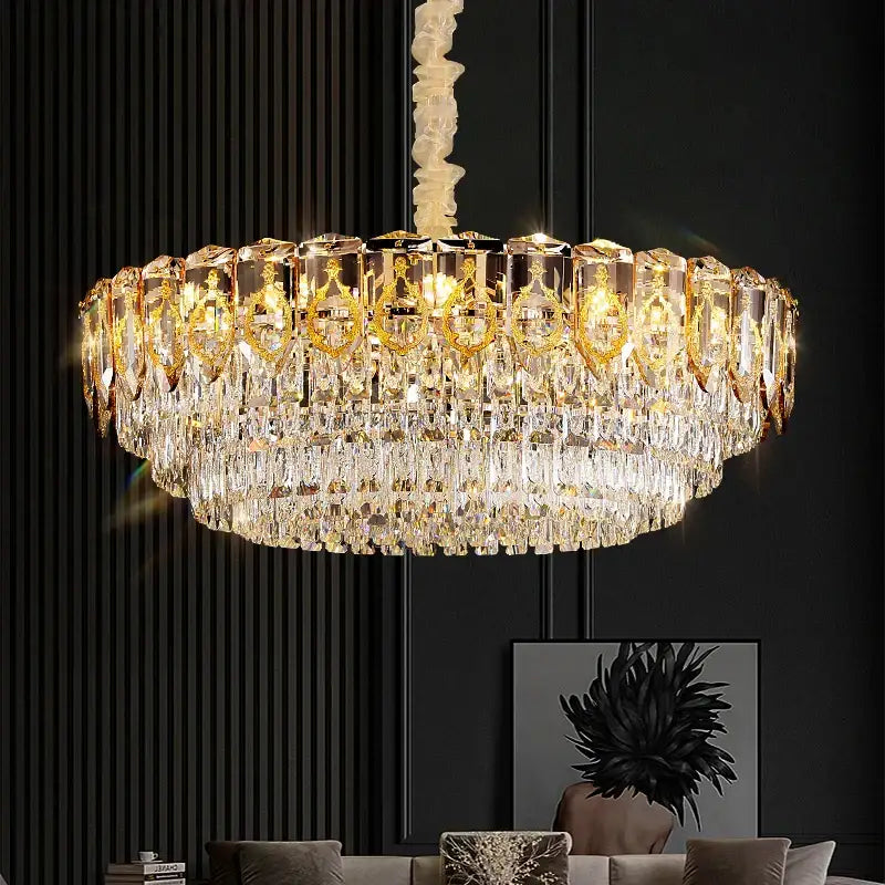 Modern gold and amber decorbites crystal chandelier with cascading tiers of clear and amber crystals for dining room light