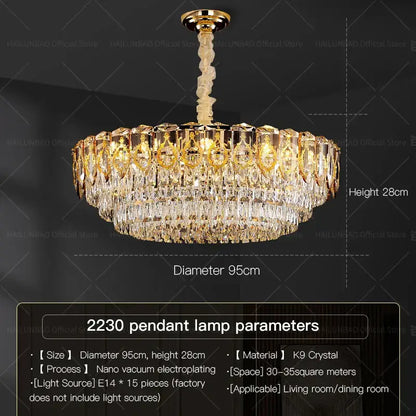 Modern gold and amber decorbites crystal chandelier with multiple tiers of clear k9 crystal prisms for dining room lighting