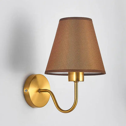 Modern gold and beige cloth led wall lamp with gold-toned sconce and textured brown fabric shade for bedroom decorbites cloth led