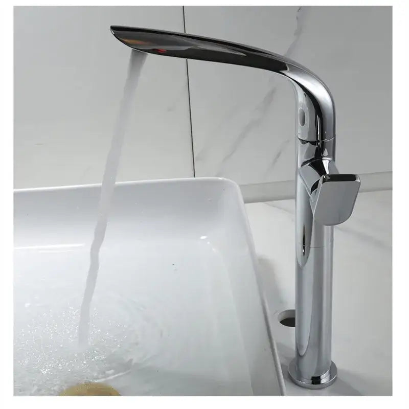 Modern chrome-finished decorbites basin faucet with sleek curved spout and rectangular handle for bathroom use