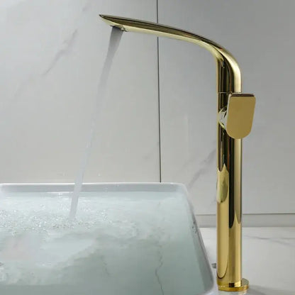 Modern gold and black decorbites basin faucet with sleek high-arc spout and minimalist design for bathroom use