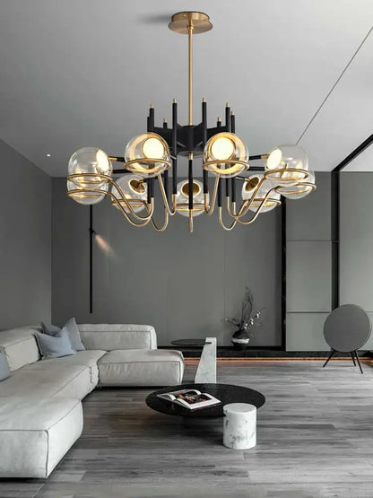 Modern gold and black glass ball pendant light with multiple spherical shades and black arms for living room decorbites