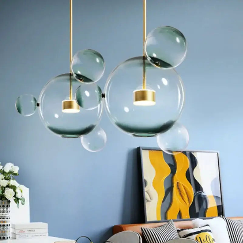 Modern gold and black glass chandelier with blue-green gradient bubble pendant light by decorbites glass chandelier