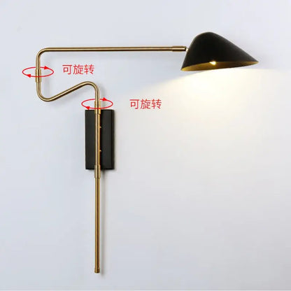 Black conical led wall lamp with gold interior and brass adjustable rocker arm for modern bedroom lighting