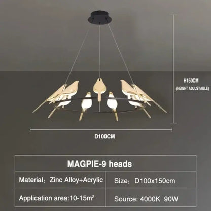 Modern gold and black magpie pendant light with iron finish and cord pendant installation featuring stylized birds in zinc alloy
