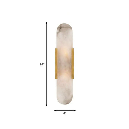 A sleek 14-inch tall wall sconce featuring a polished white marble shade with subtle gray veining, framed by two vertical brass bars.