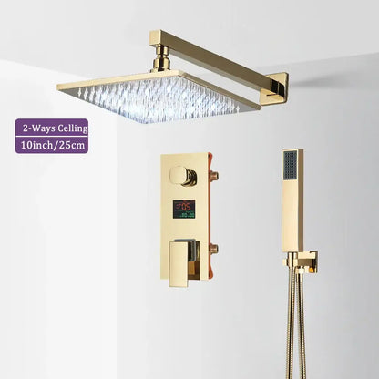 Modern gold and black shower faucet set with square gold-finished rain shower head and digital LED wall control panel