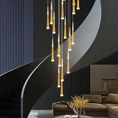 Modern gold and black stair chandelier with golden cone pendant lights and white accents for decorbites black stair decor