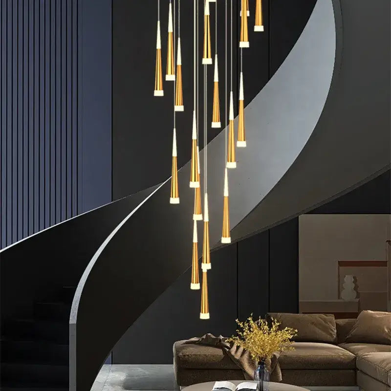 Modern gold and black stair chandelier with golden cone pendant lights and white accents for decorbites black stair decor