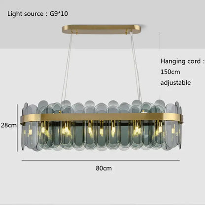 Modern gold and blue glass chandelier with gold-toned metal frame and gray glass discs lighting solution for dining table
