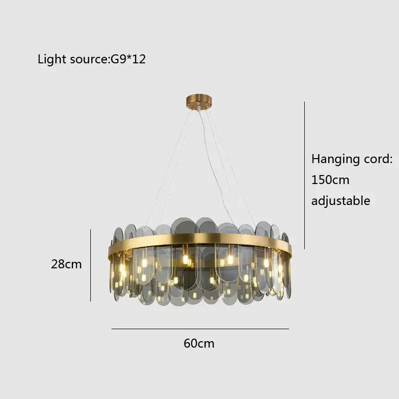 Modern gold and blue glass chandelier with translucent gray discs offers a stylish lighting solution for dining experience