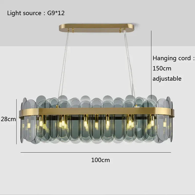 Modern gold and blue glass chandelier with rectangular metal frame and gray panels lighting solution for dining table