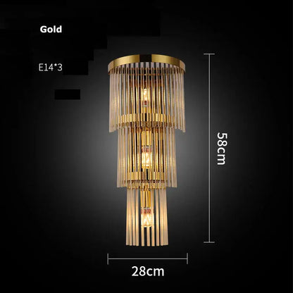 Modern gold and clear crystal led wall sconce with cascading crystal rods and three e14 bulbs for bedroom decorbites crystal led