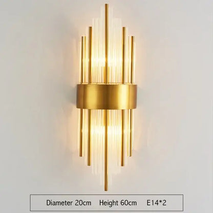 Modern gold and clear glass led wall lamp featuring vertical glass rods and a central metallic ring for bedroom lighting