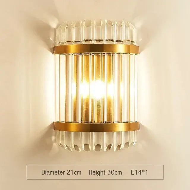 Modern gold and clear glass led wall lamps with gold-toned sconce and clear crystal vertical rods for bedroom lighting