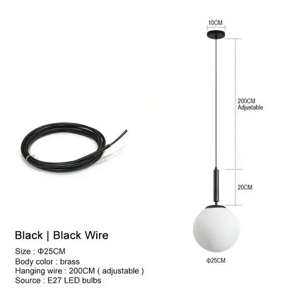 Black spherical globe pendant light with brass body and adjustable black wire complementing frosted glass design