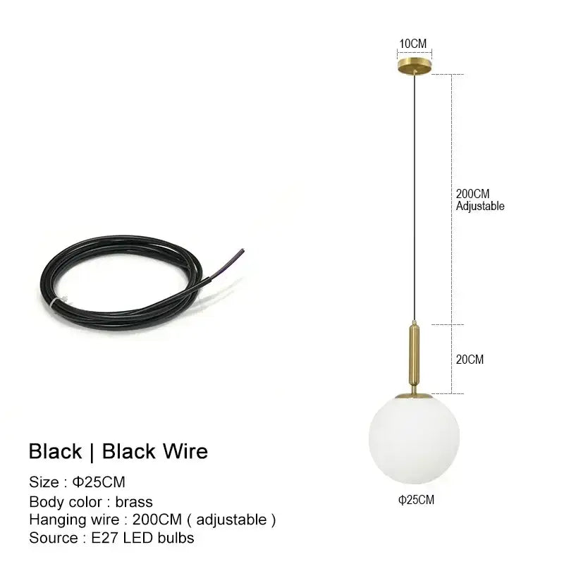 Modern gold pendant light with frosted glass globe and black adjustable wire for kitchen island lighting