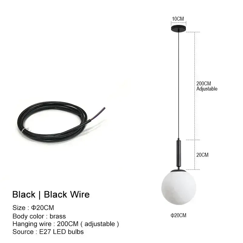 Black spherical globe pendant light with brass body and adjustable wire suitable for modern kitchen island lighting