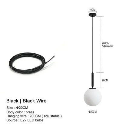 Black spherical globe pendant light with brass body and adjustable wire suitable for modern kitchen island lighting