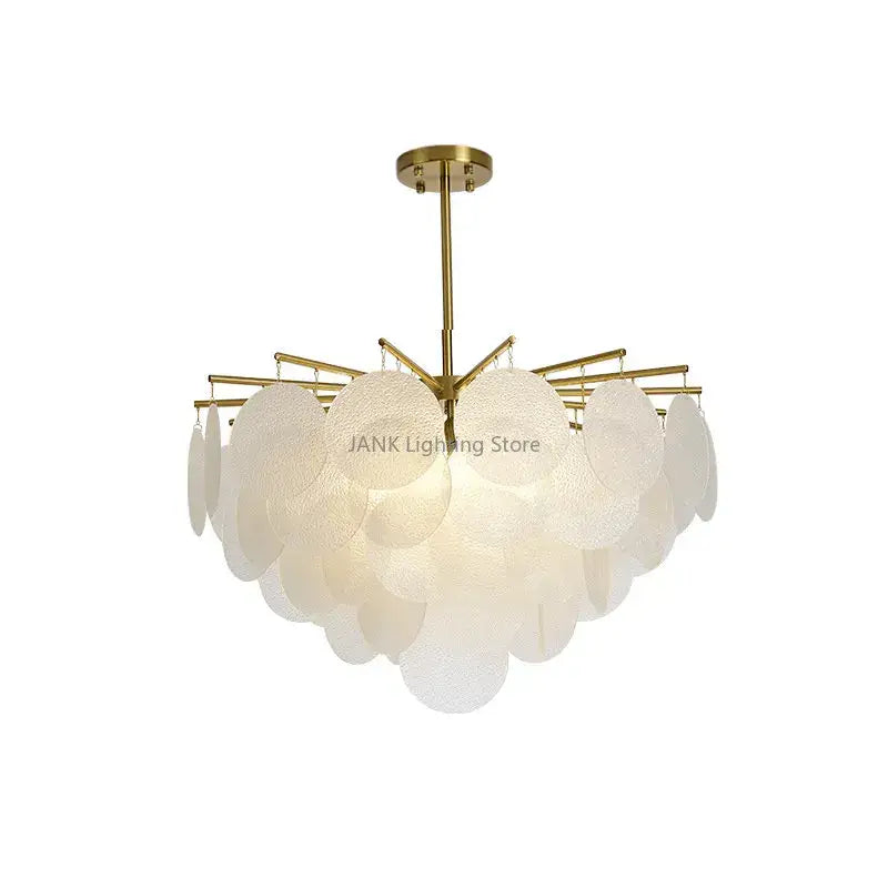 Modern gold and frosted glass led chandelier with layered frosted discs and brass fixture for dining room lighting
