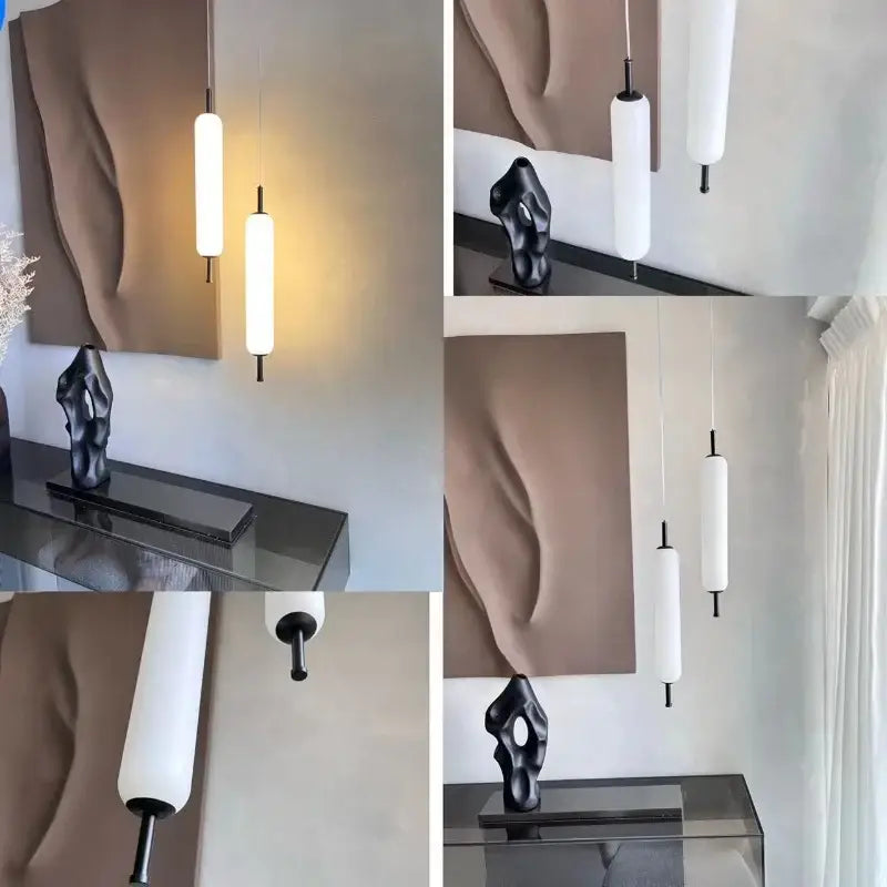Modern gold and frosted glass led pendant chandelier with white cylindrical shade and black metal accents for living room
