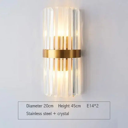 Modern gold and glass led wall lamps featuring vertical crystal rods and stainless steel band for bedroom use