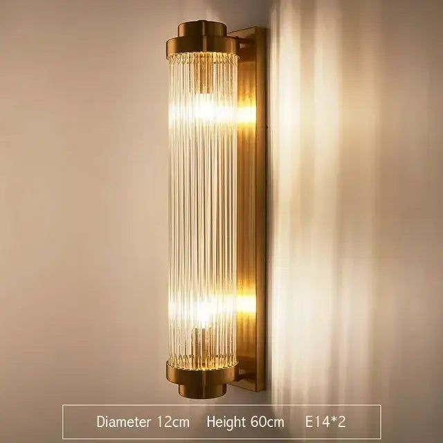 Modern gold and glass led wall lamp with vertical glass rods and sleek design for bedroom lighting