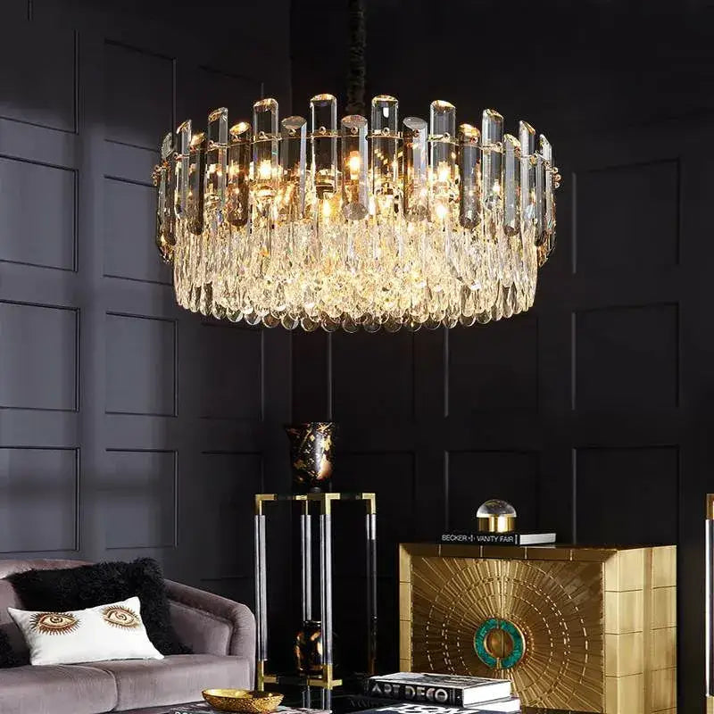 Modern gold and gray clear crystal pendant lamp with circular design and crystal k9 led for luxury living room lighting