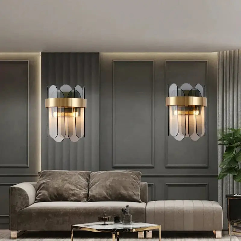 Modern gold and gray glass wall lamp with translucent panels and leaf-inspired design for living room wall lamp