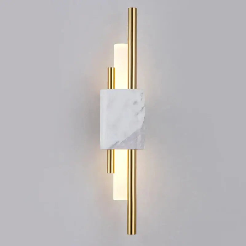 Modern wall lamp featuring gold-toned metal rods with white marble accent for a stylish marble wall lamp design