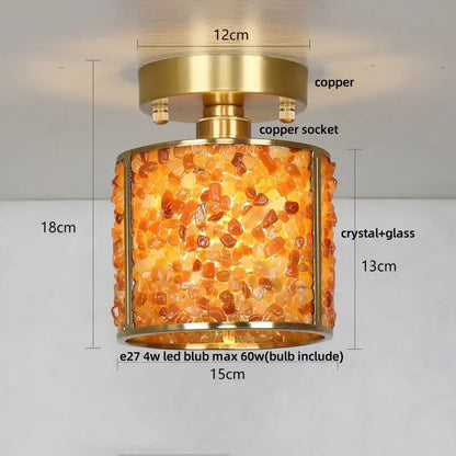 Modern gold and pale green glass mosaic ceiling light with decorbites copper canopy led and warm amber glow
