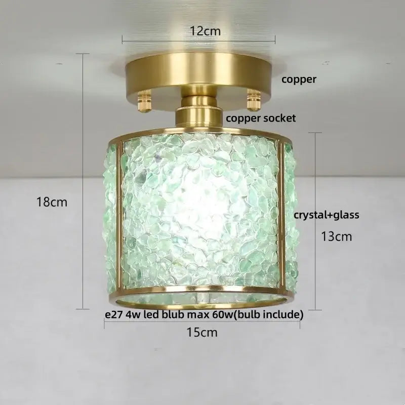 Modern gold and pale green glass mosaic ceiling light with decorbites copper canopy led and textured crystal glass shade