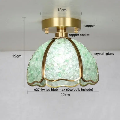 Modern gold and pale green glass mosaic ceiling light with mint-green crystal pendant and decorbites copper canopy led finish