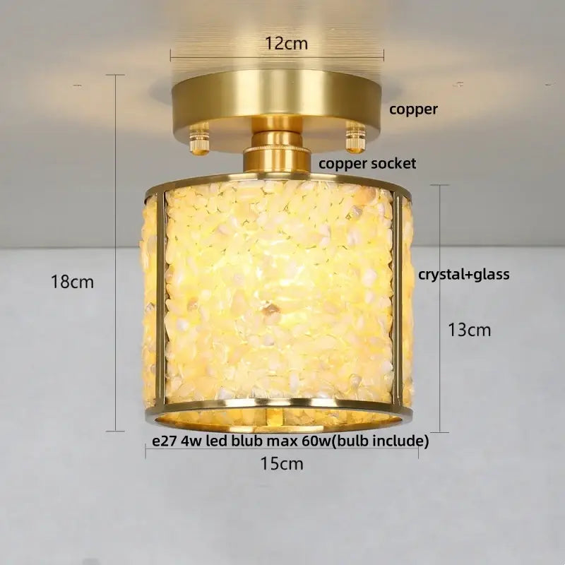 Modern gold and pale green glass mosaic ceiling light with decorbites copper canopy led and crystal glass shards emitting warm glow