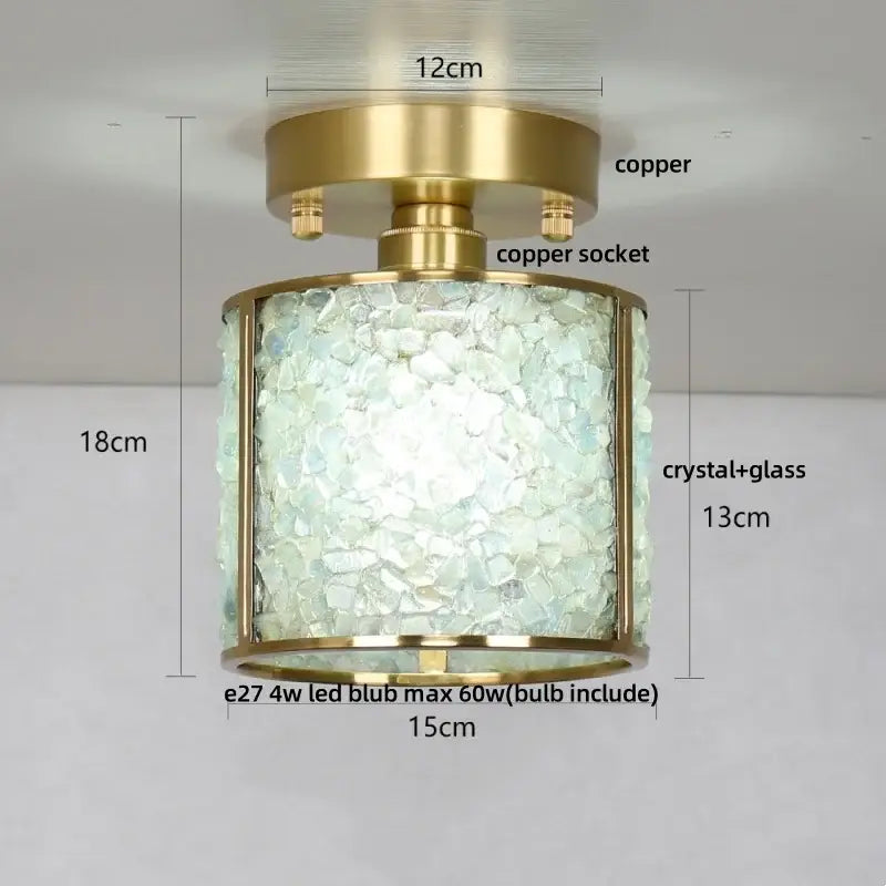 Modern gold ceiling light with decorbites copper canopy and pale green glass mosaic for bedroom decor