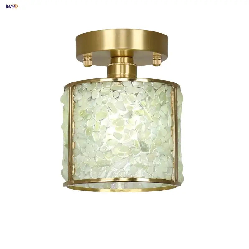 Modern gold ceiling light with a pale green glass mosaic cylindrical shade featuring decorbites copper canopy led design