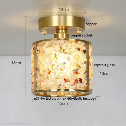 Modern gold and pale green glass mosaic ceiling light with decorbites copper canopy led and intricate crystal body