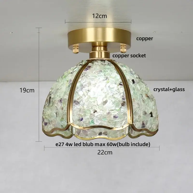 Modern gold and pale green glass mosaic ceiling light with decorbites copper canopy led and ornate crystal shade