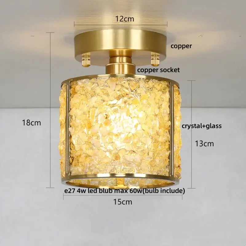 Modern gold and pale green glass mosaic ceiling light with decorbites copper canopy led and textured crystal body