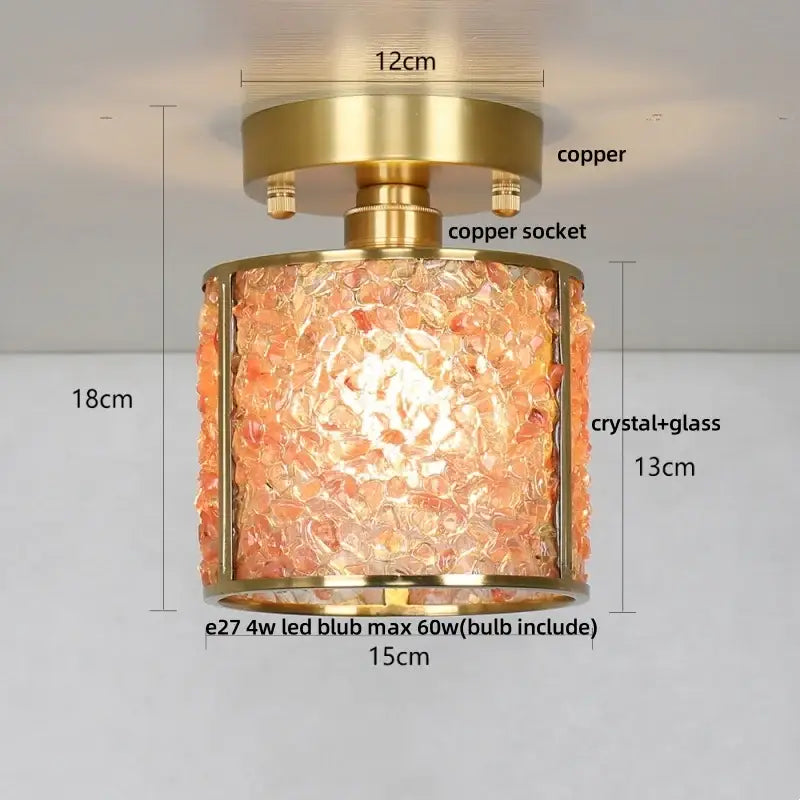 Modern gold and pale green glass mosaic ceiling light with decorbites copper canopy led and orange crystal glass shade