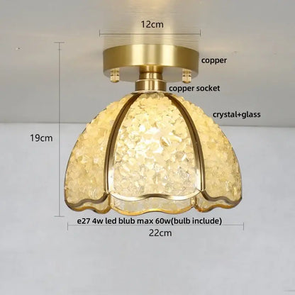 Modern gold and pale green glass mosaic ceiling light with gold-toned copper canopy led and amber crystal-glass shade