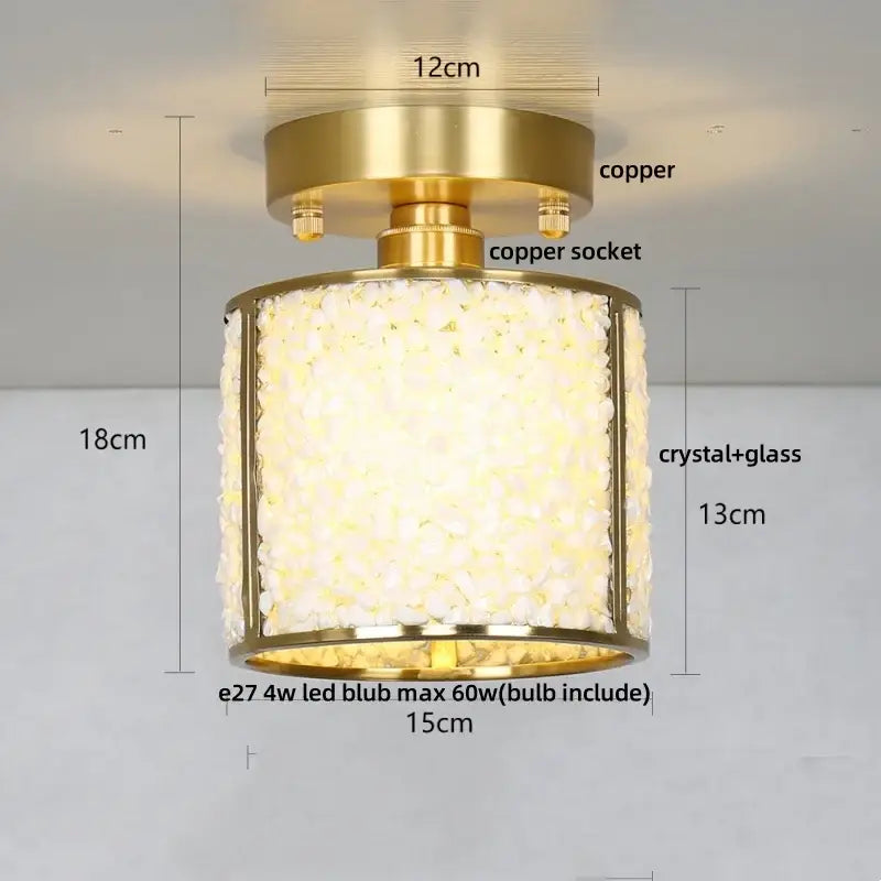 Modern gold and pale green glass mosaic ceiling light with cylindrical crystal glass shade and decorbites copper canopy led