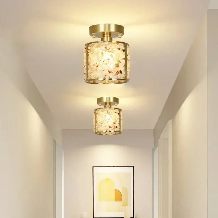 Modern gold and pale green glass mosaic ceiling light with gold-toned cylindrical design and decorbites copper canopy led