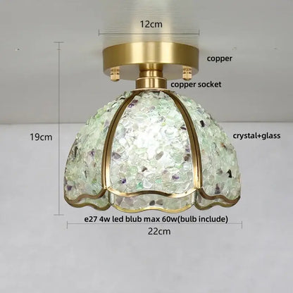 Modern gold and pink column glass crystal ceiling light with greenish crystal dome shade and copper base for bedroom decorbites column glass