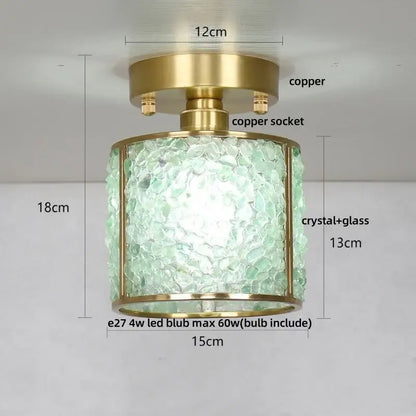 Modern gold and pink column glass crystal ceiling light with brass copper finish and textured pale green shade by decorbites
