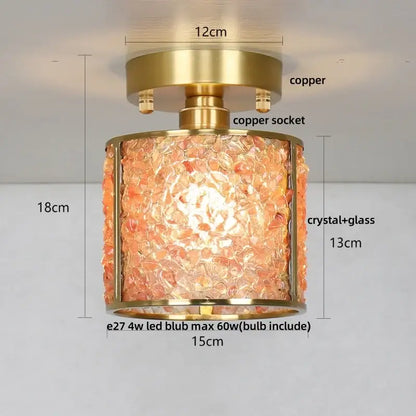Modern gold and pink column glass crystal ceiling light with brass copper base and orange shade for bedroom decorbites column glass